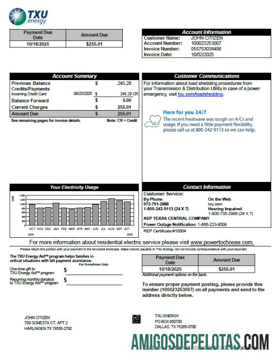 imprimível Modelo de fatura de serviços públicos de energia TXU dos EUA em formatos Word e PDF, versão 5